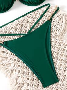 Swim SXY Women's Solid Color Cutout One Shoulder Ring Connected Sexy Bikini Swimwear Set - Green - View 5
