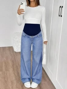 SHEIN 孕婦休閒水洗直筒牛仔褲 - 中等水洗藍 - 查看 4