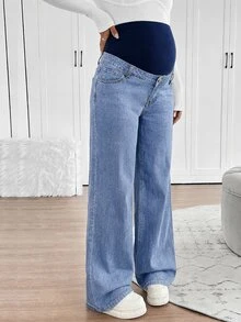 SHEIN 孕婦休閒水洗直筒牛仔褲 - 中等水洗藍 - 查看 5