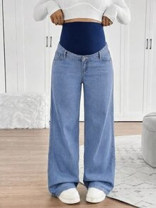 SHEIN 孕婦休閒水洗直筒牛仔褲 - 中等水洗藍 - 查看 6