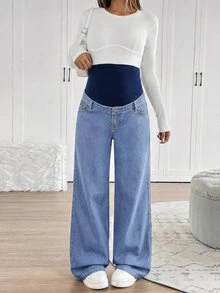 SHEIN 孕婦休閒水洗直筒牛仔褲 - 中等水洗藍 - 查看 3