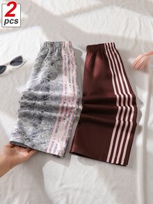 女童長褲 2件組，寬鬆版型，日常穿著，時尚百搭，休閒，彈性腰頭，舒適工裝褲，適合秋冬 - 棕色 - 查看 1