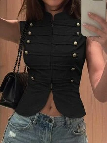 SHEIN Tall Áo khoác gile cài nút trước - màu đen - Xem 2