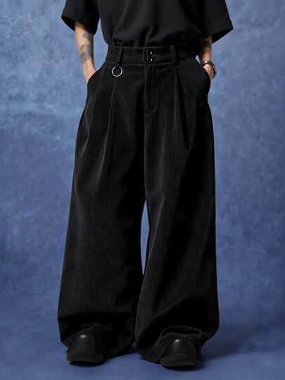 PAVTROS Estilo callejero joven para hombres, artículo multifuncional INS: pantalones de pana negra sueltos de unicolor, la mejor opción para regalos de vacaciones
