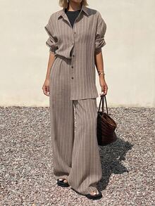 DAZY Women's 2 Pieces Set: Beige Striped Loose Fit Long Sleeve Button-Up Shirt With Collar And High-Waisted Wide Leg Pants - Beige - View 5