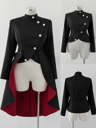 Sunspun Chaqueta para mujer de talla grande, otoño/invierno, cuello alto, manga larga, abierta por delante, corta por delante y larga por detrás, estilo capa, elegante, vintage, linda, casual para fiestas, reuniones, vacaciones, Halloween, cosplay, color bloque rojo & negro, cola de golondrina, fluida, línea A