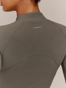 GLOWMODE FeatherFit™ No Slowing Down High-Neck Zip-Up Jacket With Ribbed Trim & Slim Waist-Length Fit Yoga Studio Daily Wear - Olive Brown - View 5