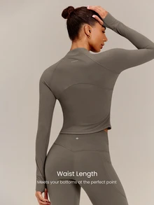 GLOWMODE FeatherFit™ No Slowing Down High-Neck Zip-Up Jacket With Ribbed Trim & Slim Waist-Length Fit Yoga Studio Daily Wear - Olive Brown - View 2
