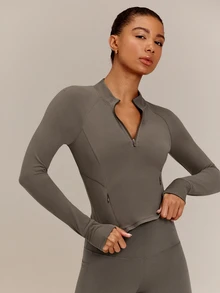 GLOWMODE FeatherFit™ No Slowing Down High-Neck Zip-Up Jacket With Ribbed Trim & Slim Waist-Length Fit Yoga Studio Daily Wear - Olive Brown - View 1
