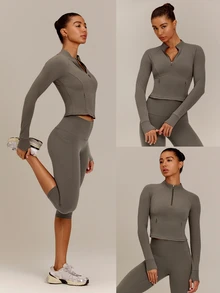 GLOWMODE FeatherFit™ No Slowing Down High-Neck Zip-Up Jacket With Ribbed Trim & Slim Waist-Length Fit Yoga Studio Daily Wear - Olive Brown - View 10