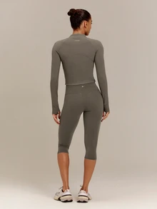 GLOWMODE FeatherFit™ No Slowing Down High-Neck Zip-Up Jacket With Ribbed Trim & Slim Waist-Length Fit Yoga Studio Daily Wear - Olive Brown - View 9