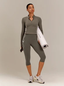 GLOWMODE FeatherFit™ No Slowing Down High-Neck Zip-Up Jacket With Ribbed Trim & Slim Waist-Length Fit Yoga Studio Daily Wear - Olive Brown - View 8