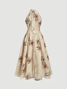 SHEIN MOD Women's Elegant Floral Print Halter Neck Dress - Multicolor - View 6