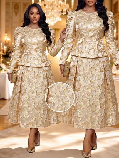 Fleurora Elegant Plus-Size Jacquard-Embossed Blazer And Skirt Two Pieces Set Formal Dress Elegant Dress Winter Dress Luxury Evening Dress New Year Dress