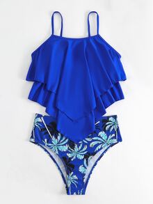 Swim Lushoire Summer Beach Tropical Print Hanky Hem Tankini - Royal Blue - View 5