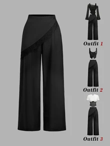 SHEIN MOD Black Lace Patchwork Slightly Wide Leg Trousers - Black - View 3