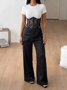 SHEIN MOD Black Lace Patchwork Slightly Wide Leg Trousers - Black - View 8
