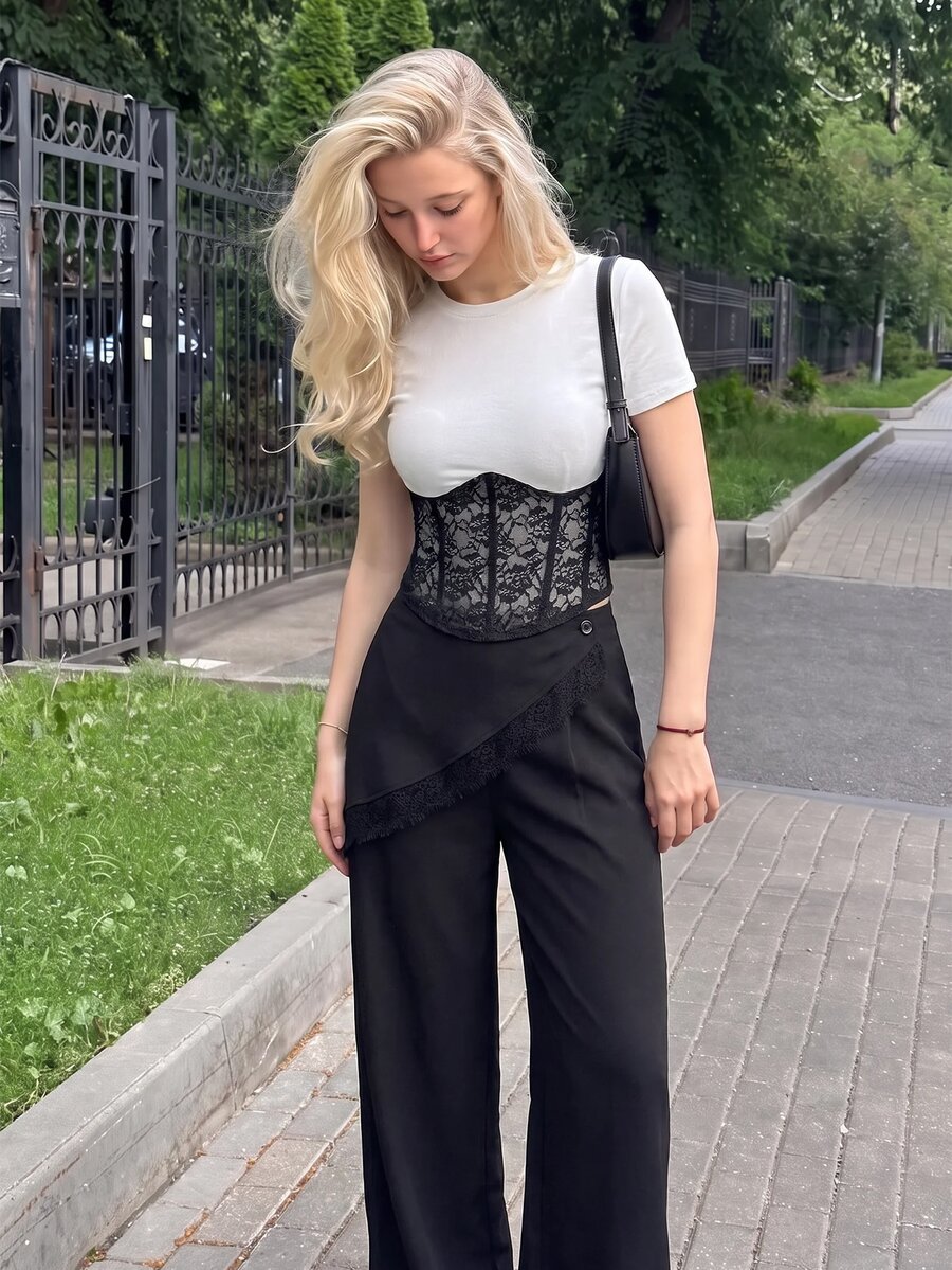 SHEIN MOD Black Lace Patchwork Slightly Wide Leg Trousers - Black - View 1