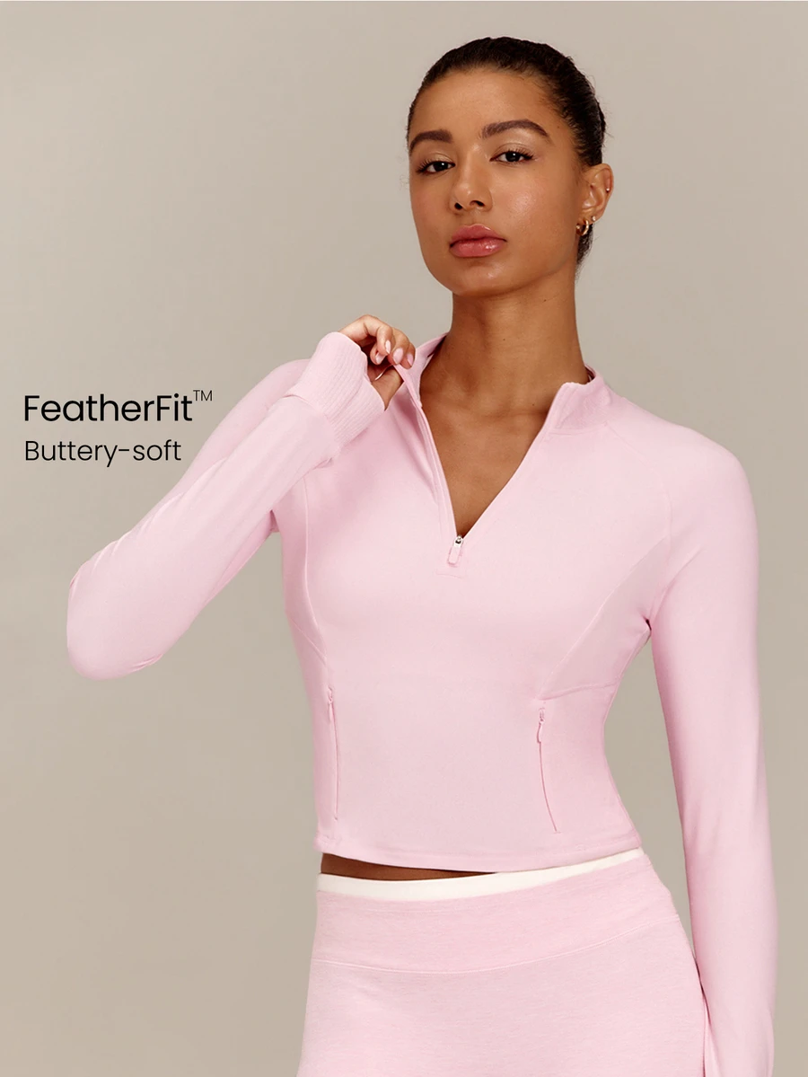 GLOWMODE FeatherFit™ No Slowing Down High-Neck Zip-Up Jacket With Ribbed Trim & Slim Waist-Length Fit Yoga Studio Daily Wear - Baby Pink - View 1
