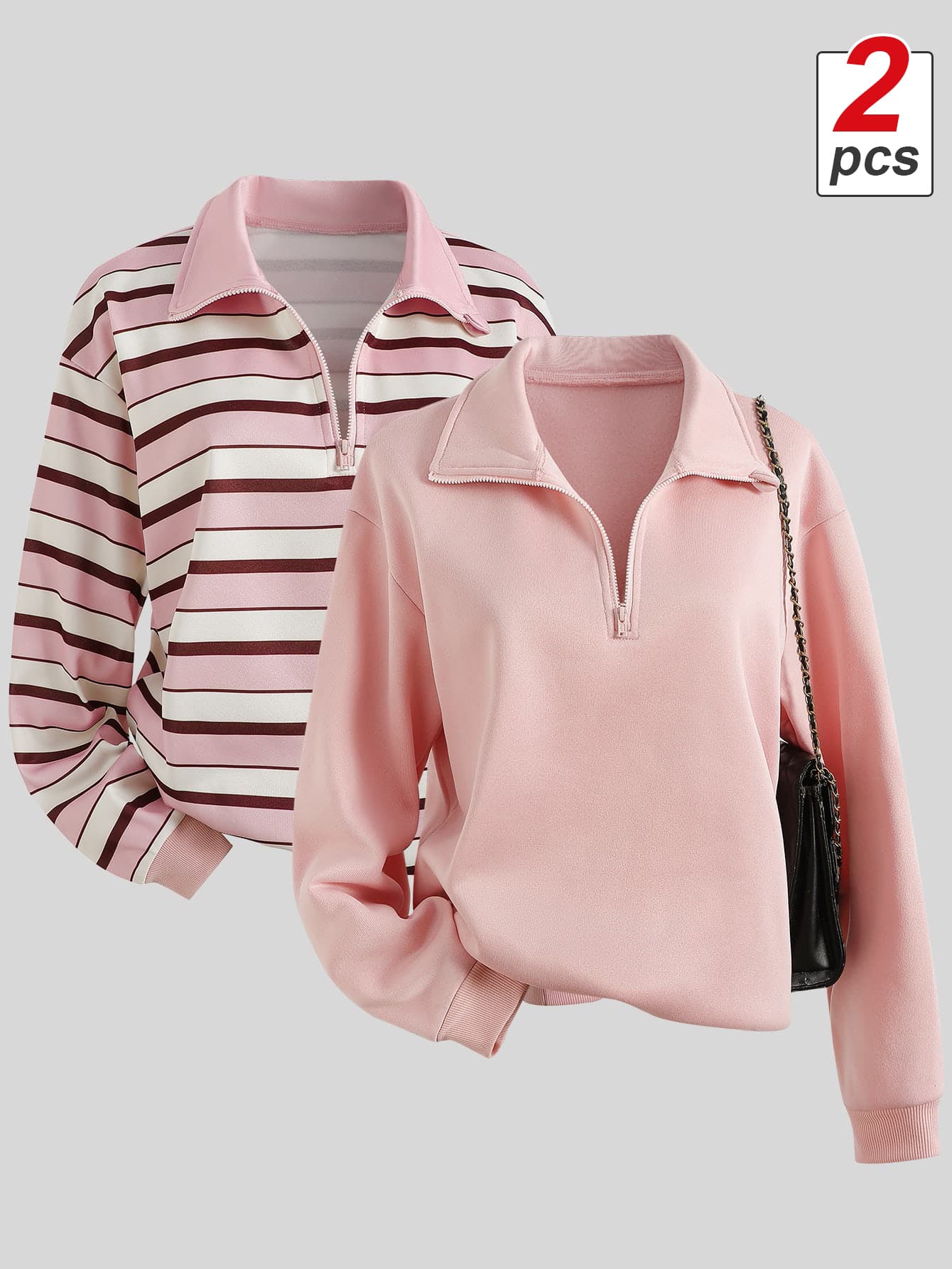 SHEIN Sparklyn 青少年女孩休閒百搭保暖內裡運動衫，秋冬款 - 粉色 - 查看 1