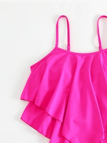 Summer Beach Tropical Print Hanky Hem Tankini - Hot Pink - View 3