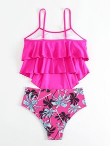 Summer Beach Tropical Print Hanky Hem Tankini - Hot Pink - View 2