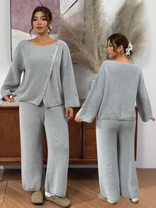 Lounesse Plus Size Women Solid Color Long Sleeve Top And Pants Knit Set Fall - Multicolor - View 8