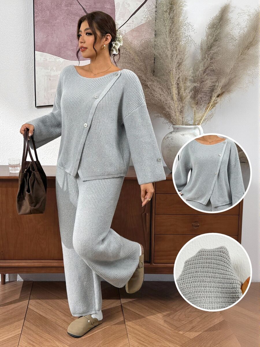 Lounesse Plus Size Women Solid Color Long Sleeve Top And Pants Knit Set Fall