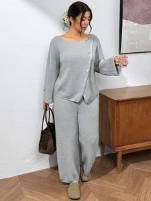Lounesse Plus Size Women Solid Color Long Sleeve Top And Pants Knit Set Fall - Multicolor - View 4