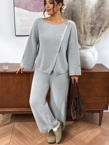 Lounesse Plus Size Women Solid Color Long Sleeve Top And Pants Knit Set Fall - Multicolor - View 3