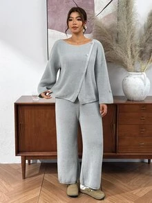 Lounesse Plus Size Women Solid Color Long Sleeve Top And Pants Knit Set Fall - Multicolor - View 6