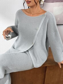 Lounesse Plus Size Women Solid Color Long Sleeve Top And Pants Knit Set Fall - Multicolor - View 9