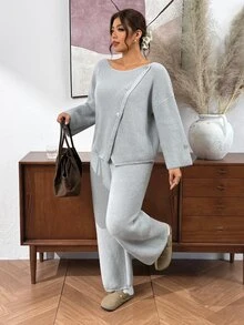 Lounesse Plus Size Women Solid Color Long Sleeve Top And Pants Knit Set Fall - Multicolor - View 5