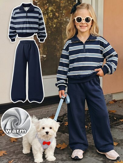 Girls' 2 Pieces Set, Half-Zip Lapel Striped Sweatshirt + Navy Blue Straight Leg Pants Casual Outfit, Thermal Lined Fabric Suitable For Autumn/Winter Wear