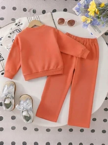 SHEIN 女童 4-7 歲棕色蝴蝶結運動衫套裝，2025 秋季 INS 風格休閒運動風 2 件式運動衫與運動長褲，幼兒生日穿搭套裝 - 橘色 - 查看 3