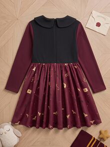 PrepCrw HARRY POTTER X SHEIN 女童信封圖案百褶休閒日常洋裝 - 酒紅色 - 查看 8