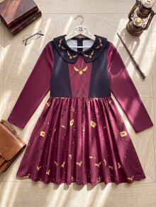 PrepCrw HARRY POTTER X SHEIN 女童信封圖案百褶休閒日常洋裝 - 酒紅色 - 查看 7