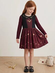 PrepCrw HARRY POTTER X SHEIN 女童信封圖案百褶休閒日常洋裝 - 酒紅色 - 查看 5
