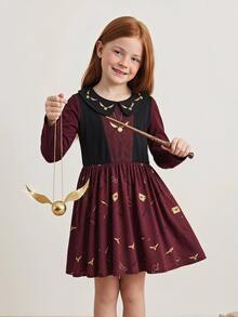 PrepCrw HARRY POTTER X SHEIN 女童信封圖案百褶休閒日常洋裝 - 酒紅色 - 查看 2