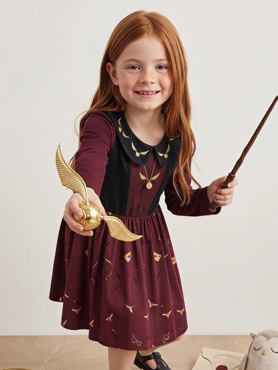 PrepCrw HARRY POTTER X SHEIN 女童信封圖案百褶休閒日常洋裝 - 酒紅色 - 查看 1