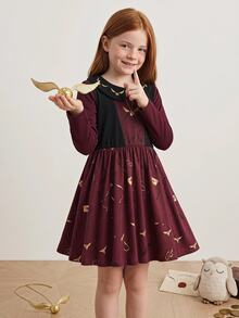 PrepCrw HARRY POTTER X SHEIN 女童信封圖案百褶休閒日常洋裝 - 酒紅色 - 查看 3