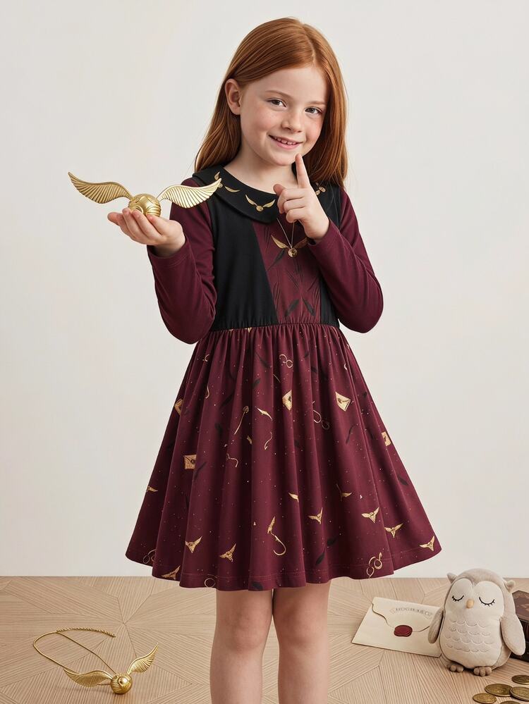 PrepCrw HARRY POTTER X SHEIN Young Girl Young Girl Young Girl Envelope Pattern Pleated Casual Everyday Dress - Burgundy - View 3