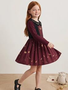 PrepCrw HARRY POTTER X SHEIN 女童信封圖案百褶休閒日常洋裝 - 酒紅色 - 查看 4