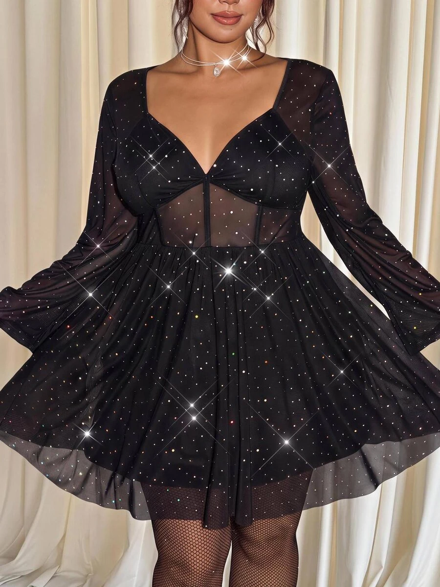 GalTyme Plus Size Fashion Party Club Cocktail Sequin Mesh Dress Autumn Halloween Black Sexy - Black - View 1