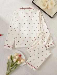 清新風格女童青少年睡衣，法蘭絨杏色可愛櫻桃印花長袖翻領開襟外套與長褲2件套，休閒舒適家居服 - 杏色 - 查看 3
