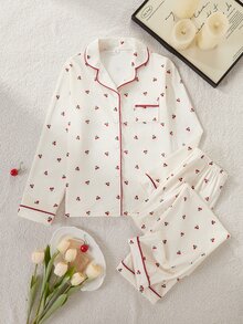清新風格女童青少年睡衣，法蘭絨杏色可愛櫻桃印花長袖翻領開襟外套與長褲2件套，休閒舒適家居服 - 杏色 - 查看 6