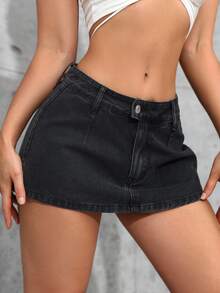 SHEIN Tall 女款休閒日常牛仔迷你裙 - 黑色 - 查看 4