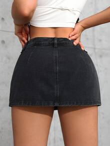SHEIN Tall 女款休閒日常牛仔迷你裙 - 黑色 - 查看 2