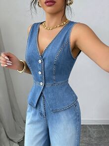 Elenzga 女款商務休閒藍色休閒套裝 辦公穿著 女款辦公工作服 女款通勤套裝 海灘時尚 女款外出兩件套 通勤休閒女款套裝 2026 女款優雅海灘裝 度假兩件套 女款機場穿搭 - 中等水洗藍 - 查看 7