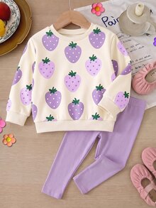 SHEIN Kids Young Girl Casual Crew Neck Long Sleeve Sweatshirt & Leggings 2pcs Set, Suitable For Autumn/Win - Multicolor - View 3